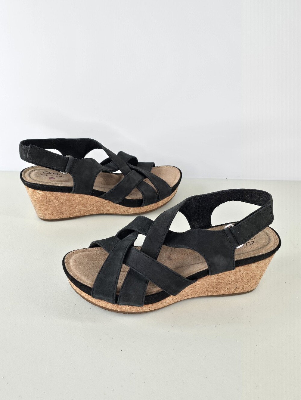 Clarks Un Capri Step Black Nubuck Slingback Cork Wedge Heel Sandals Size 9.5